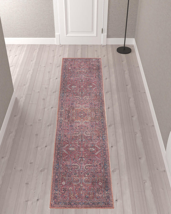 Floral Power Loom Distressed Washable Runner Rug - Blue And Red - 10'