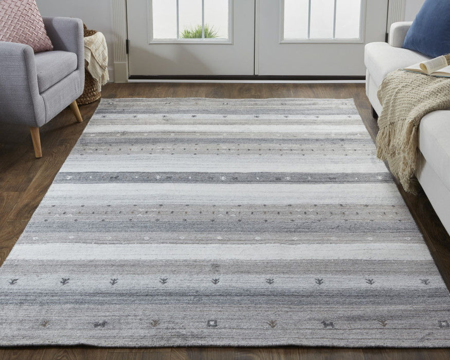 Striped Hand Knotted Stain Resistant Area Rug - Gray Silver And Black Wool - 4' X 6'