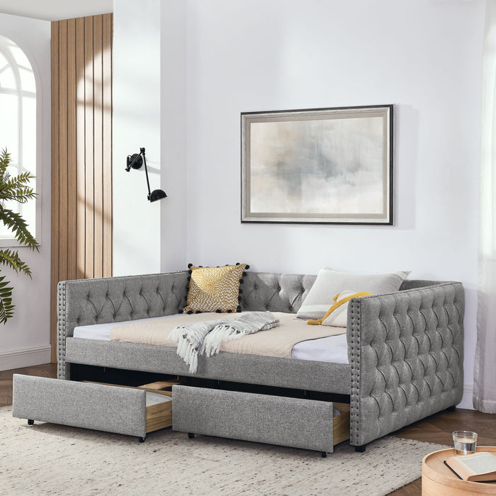 Upholstered Full Size Daybed With Two Drawers, With Button And Copper Nail On Square Arms, Gray