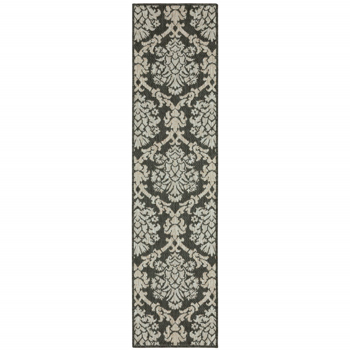 2' X 8' Floral Stain Resistant Indoor / Outdoor Area Rug - Gray