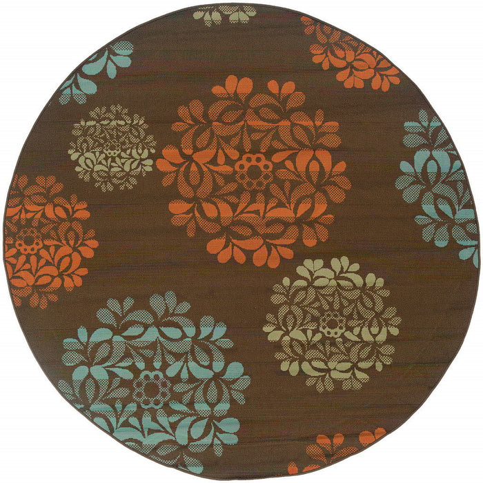 8' X 8' Round Floral Stain Resistant Indoor / Outdoor Area Rug - Brown