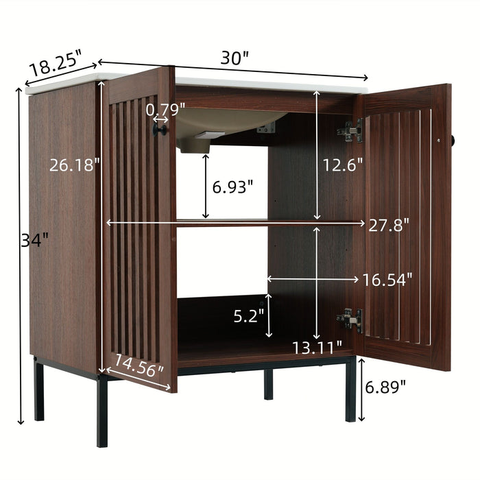 30" Vintage Bathroom Vanity With Ceramic Sink, Modern Bathroom Vanity Cabinet With 2 Soft Close Doors, Equpiied With 4 Sturdy Iron Legs - Antique Dark Brown