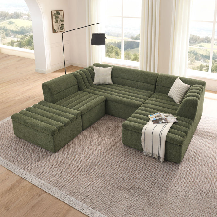 U-Shaped Modular Sectional Sofa With Chaise And Movable Ottoman With Wave-Shaped Armrest Home Essentials