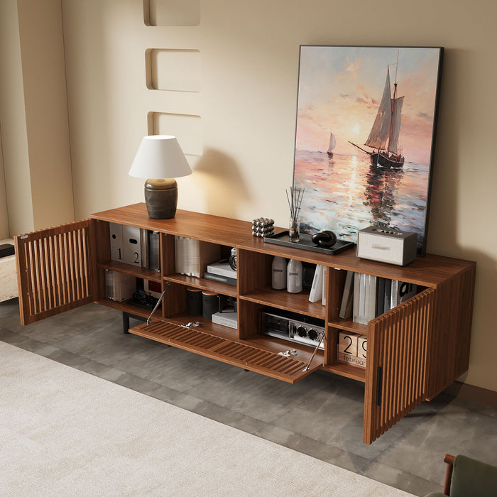 TV Stand, Entertainment Center With Slatted Doors, Cable Management, Soft Closing Hinges - Walnut Hearth and Haven