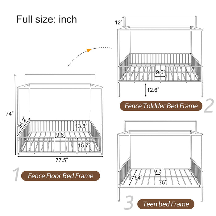 3 In 1 Convertible Montessori Floor Bed With Fenced Support Hearth and Haven