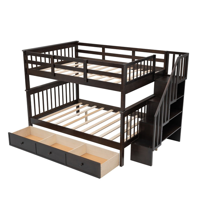 Double Full Size Stairway Bunk Bed With Drawer - Brown