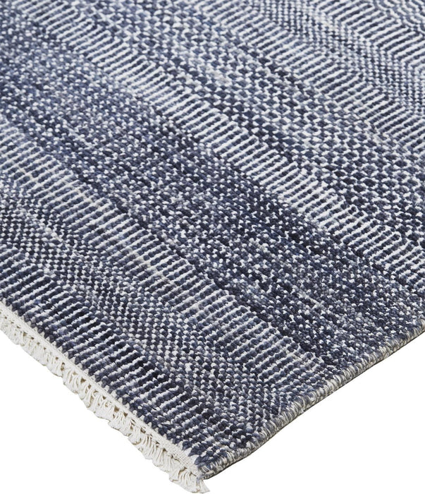 Hand Knotted Striped Area Rug - Blue And Silver Wool - 12' X 15'