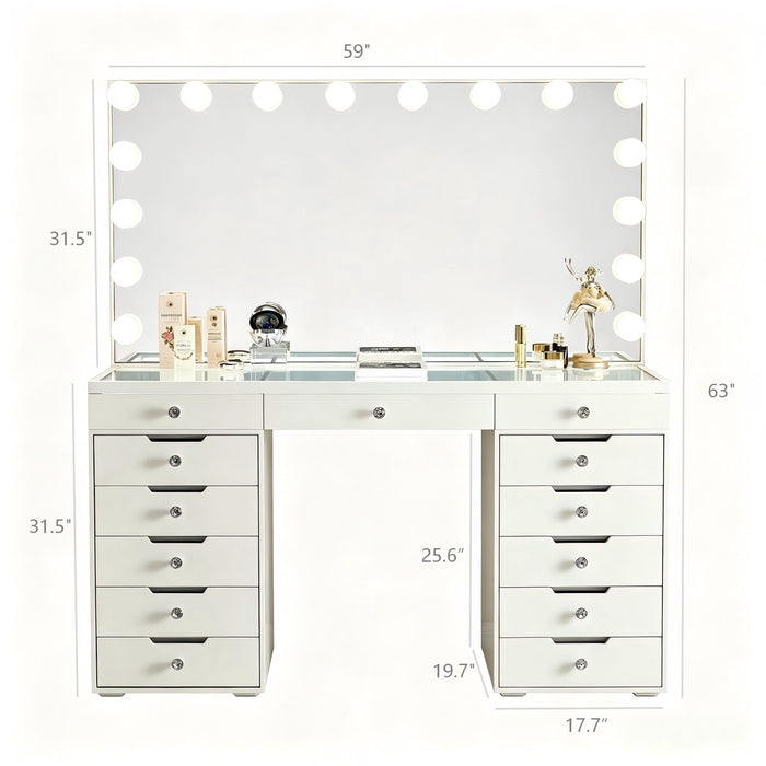 LED Lighted Makeup Vanity Desk With 16 Bulbs Mirror, 13 Drawers Dressing Table For Bedroom - Gloss White Home Essentials