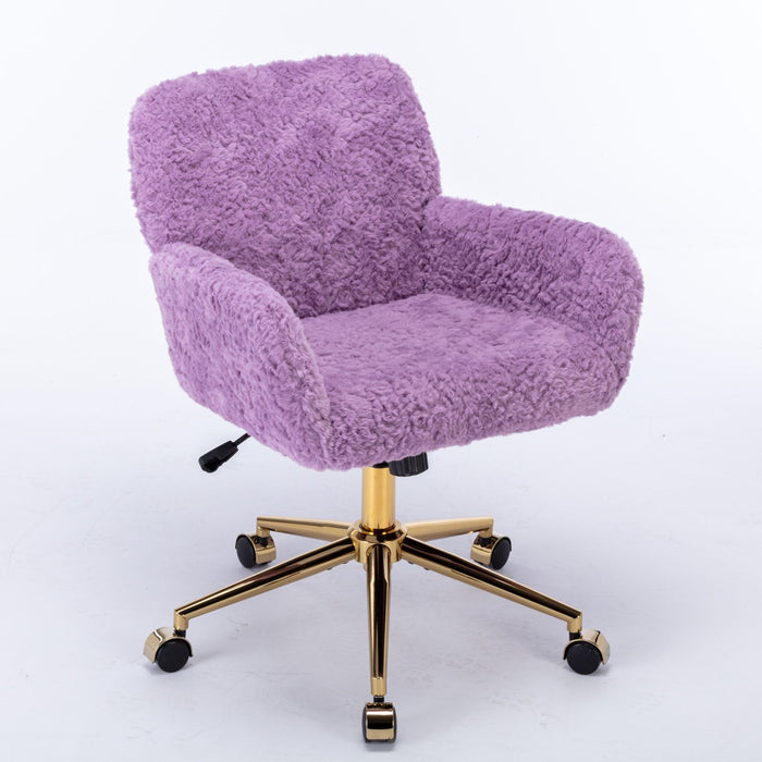 A&A Furniture Office Chair, Artificial Rabbit Hair Home Office Chair With Golden Metal Base, Adjustable Desk Chair Swivel Office Chair, Vanity Chair (Violet)