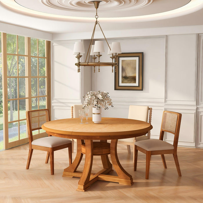 Extendable Round Dining Table, Adjustable Length, Construction With Space Saving Design - Natural Wood Home Essentials