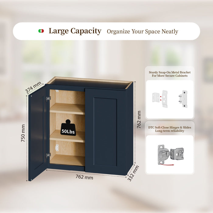 Shaker Wall Cabinet With Soft Close Hinges, Adjustable Shelves, Double Door Home Essentials