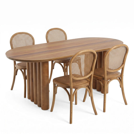 Oval Dining Table Set With 4 Birch Rattan Chairs - Brown / Light Brown Noble House