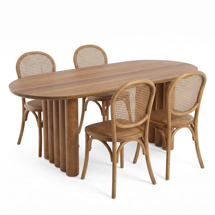 Oval Dining Table Set With 4 Birch Rattan Chairs - Brown / Light Brown Noble House