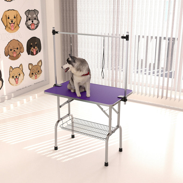 Folding Dog Pet Grooming Table Stainless Steel Frame Rubber Mat On Board With Adjustable Arm And Clamps Pet Dog Cat Grooming Table Daily Nest