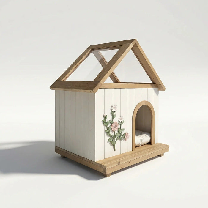 Daisy Cat House With Roof & Indoor Outdoor Pet Shelter For Cats & Small Dogs (11–25 Lbs) - White / Wood Daily Nest