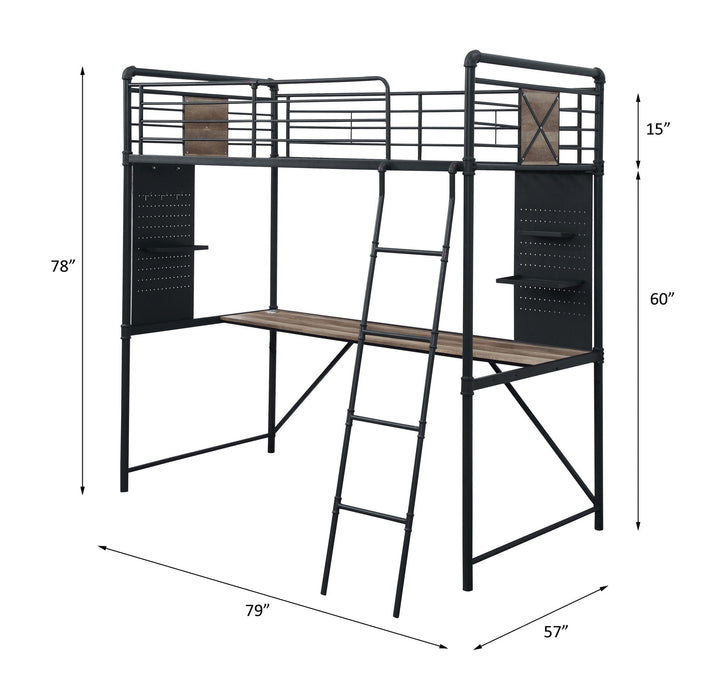 Cordelia - Twin Loft Bed With Desk - Antique Oak, Sandy Black & Dark Bronze Hand-Brushed ACME
