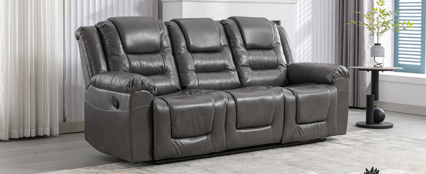 3 Seater Home Theater Recliner Manual Recliner Chair With Two Built-In Cup Holders For Living Room, Bedroom, Gray