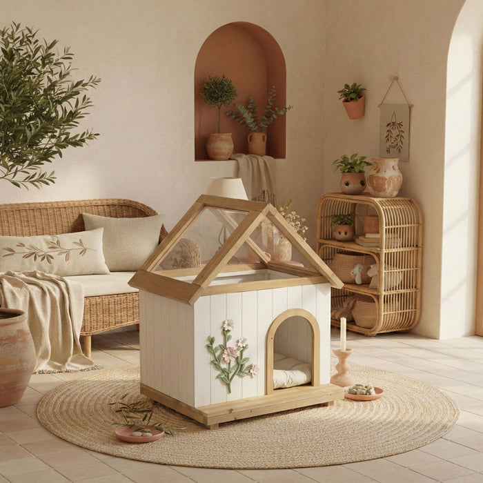 Daisy Cat House With Roof & Indoor Outdoor Pet Shelter For Cats & Small Dogs (11–25 Lbs) - White / Wood Daily Nest