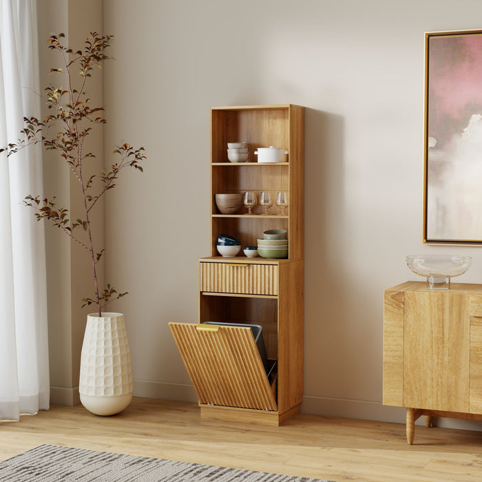 Tall Narrow Fluted Storage Cabinet With Trash Bin Compartment For Kitchen (Trash Can Not Included) Home Essentials