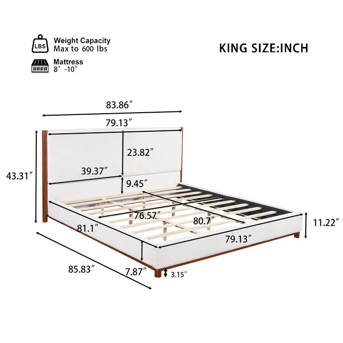 King Upholstered Bed Frame, No Box Spring Needed - Walnut / White Noble House