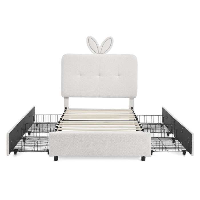 Upholstered Bed With Oversized Rabbit Ear Headboard, LED Lights & 4 Storage Drawers Home Essentials