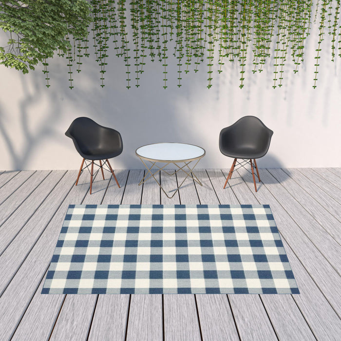 7' X 10' Geometric Stain Resistant Area Rug Outdoor & Indoor - Ivory / Blue