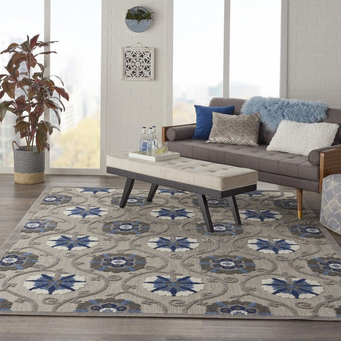 8' X 11' Floral Indoor Outdoor Area Rug - Blue / Gray