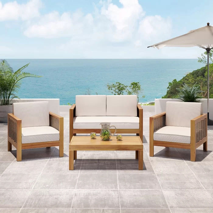 Outdoor 4 Seater Acacia Wood Chat Set With Wicker Accents And Cushions, Teak Finish / Mixed Brown / Beige