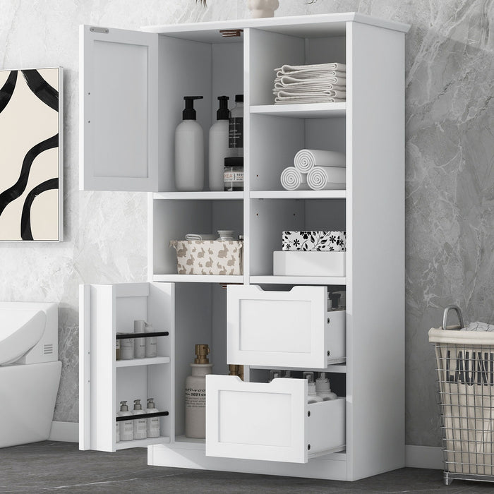 Freestanding Bathroom Storage Cabinet With Doors And Drawers, Adjustable Shelf, Open Shelves - White Hearth and Haven