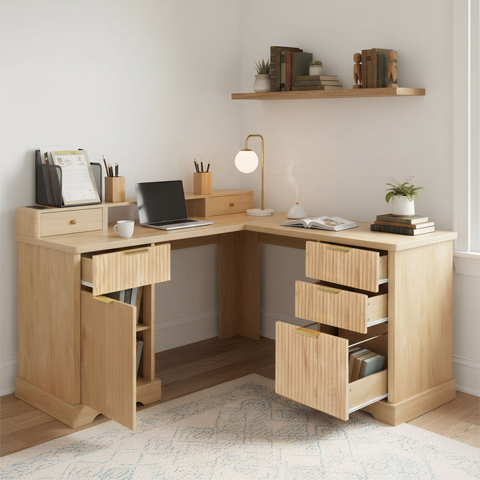 Fluted L-Shaped Desk With Charging Station & Storage Cabinet Home Essentials