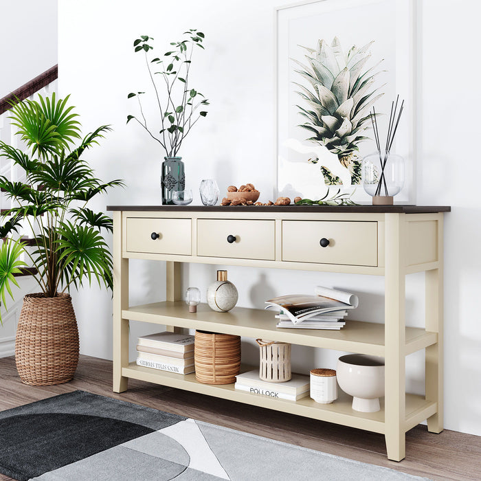 Retro Design Console Table With Two Open Shelves, Pine Frame And Legs For Living Room