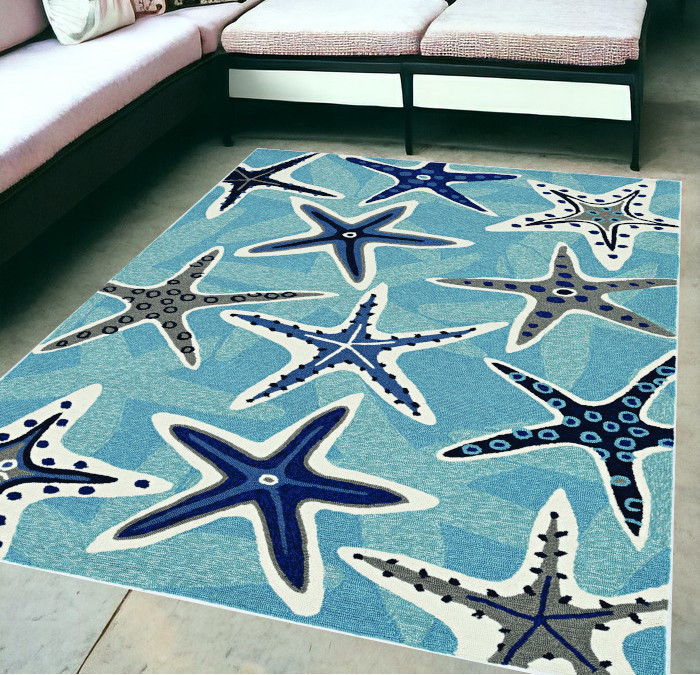 5' X 8' UV Treated Coastal Starfish Indoor / Outdoor Area Rug - Blue