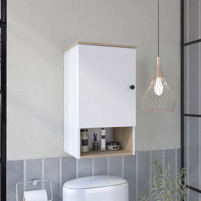 Wall Mounted Cabinet With Three Shelves - Light Oak And White