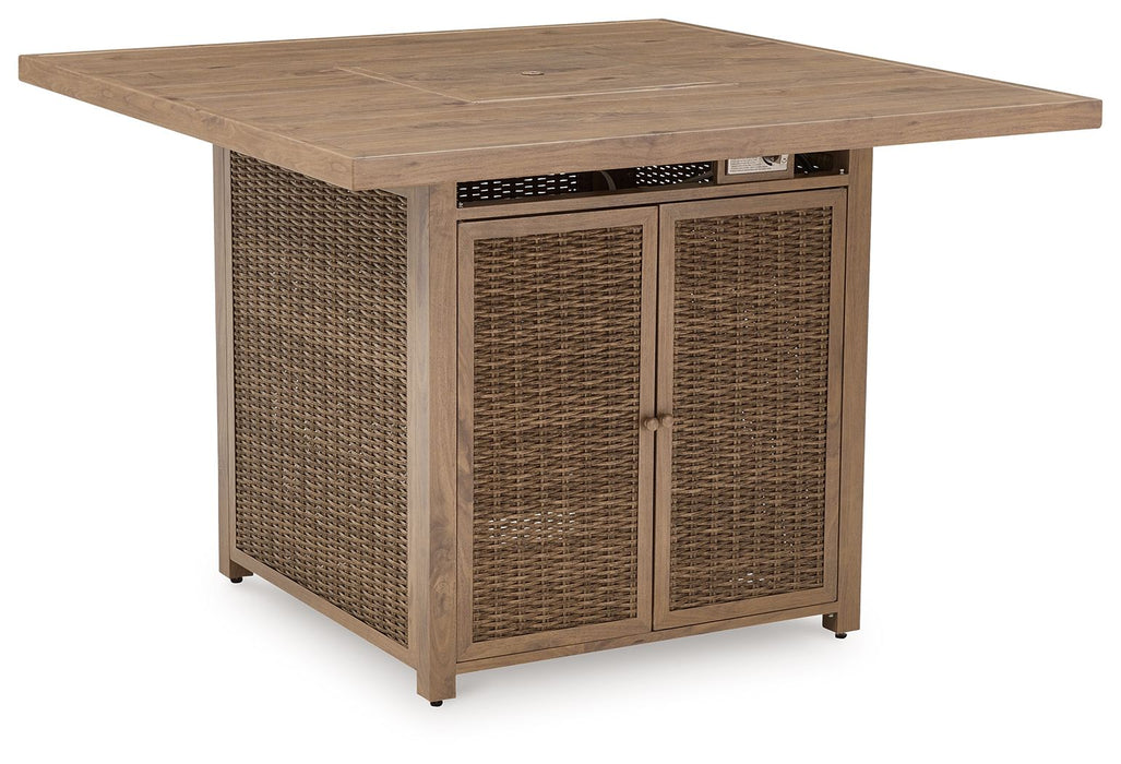 Walton Bridge - 5 Pc. - Square Bar Table W/Fire Pit, 4 Barstools - Driftwood Signature Design by Ashley®
