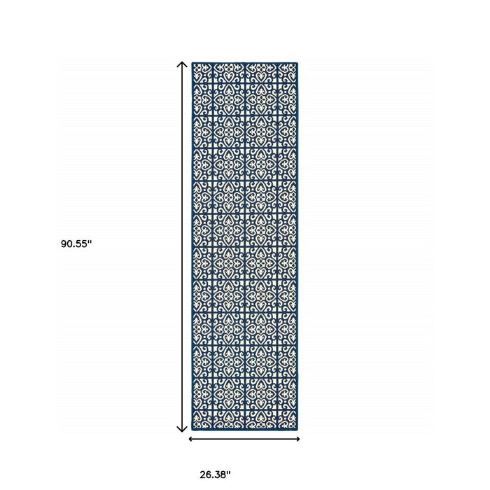 2' X 8' Geometric Stain Resistant Indoor / Outdoor Area Rug - Ivory / Blue