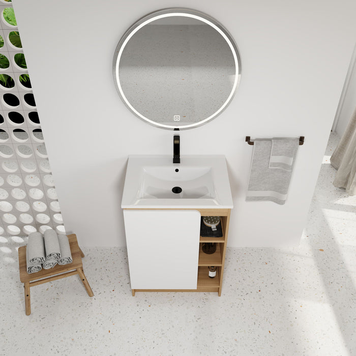 Freestanding Bathroom Vanity With Thin Rim Sink, Single Door With 4 Tier Open Shelves - Light Oak / White Home Essentials