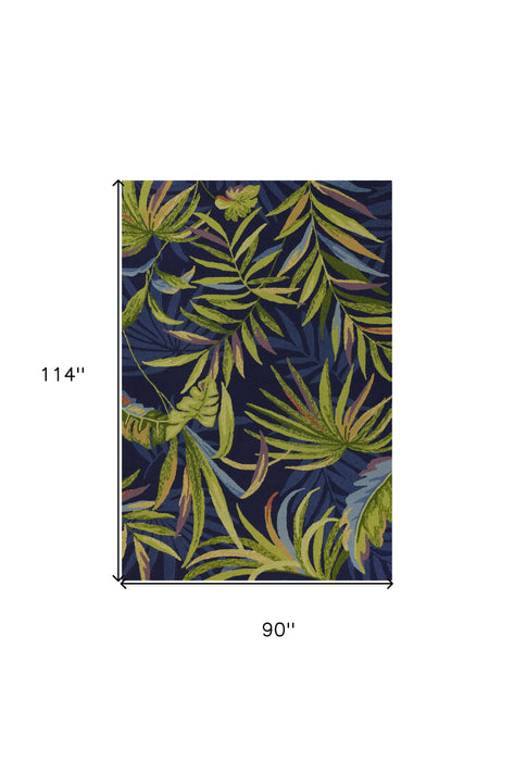 8' X 10' Hand Hooked UV Treated Oversized Tropical Leaves Indoor / Outdoor Area Rug - Ink Blue