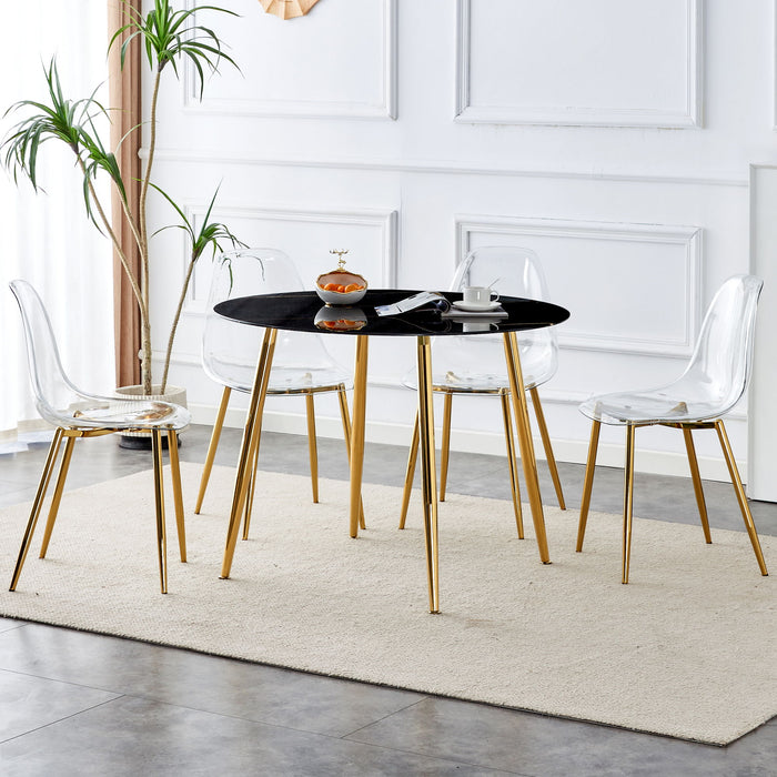 1 Table And 4 Chairs, A Modern Minimalist Circular Dining Table With A 40" Black Imitation Marble Tabletop And Gold - Plated Metal Legs, And 4 Modern Gold - Plated Metal Leg Chairs - Black / Gold / Black