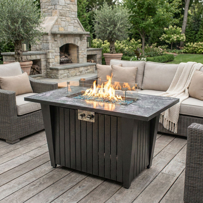Morden Steel Fire Pit Table With Marble Tile Tabletop, Glass Wind Guard And Lid Patioseek