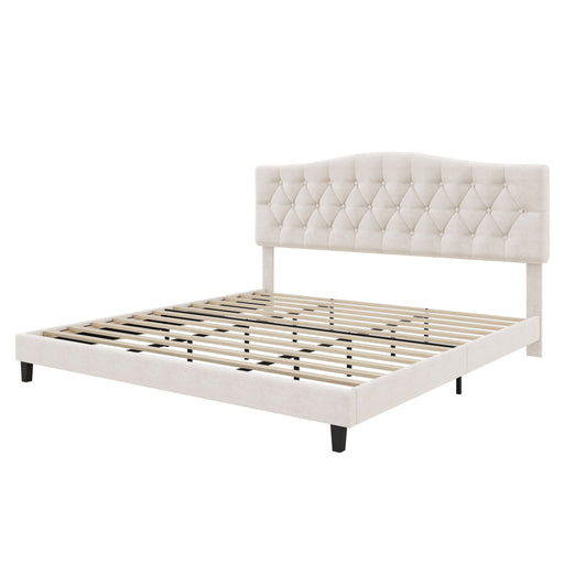 King Upholstered Platform Bed With Curved Adjustable Headboard And Diamond Tufted Details, No Box Spring Needed - Beige Hearth and Haven