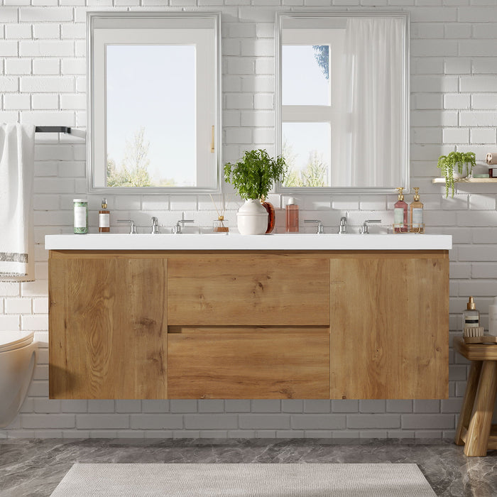 Double Sink Bathroom Vanity, Cabinet & Soft Close Doors, Divided Drawers, Wall Mounted Storage - Wood Hearth and Haven