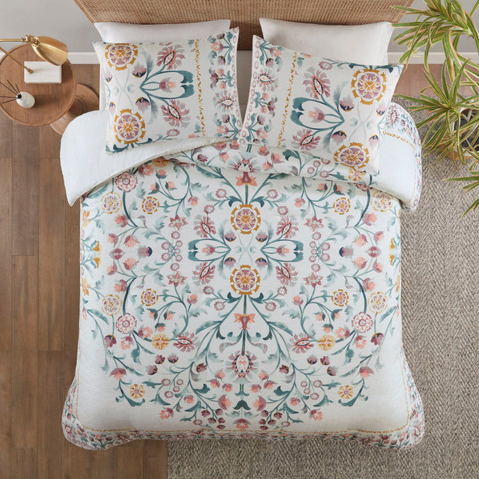 3 Piece Floral Duvet Cover Set - White / Multi / Cotton