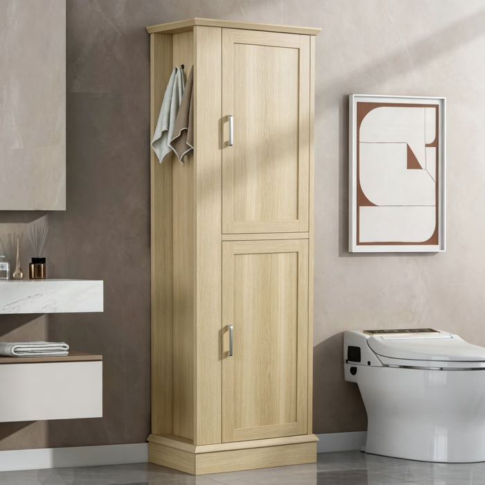 Tall Freestanding Bathroom Storage Cabinet With Adjustable Shelves And Side Hooks Hearth and Haven