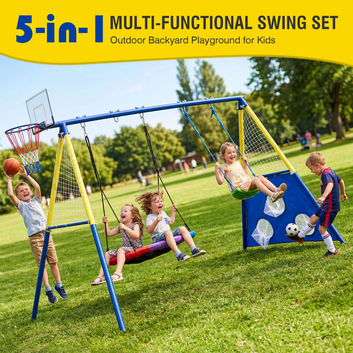 5 In 1 Kids Swing Set With Saucer Swing, Belt Swing, Basketball Hoop & Soccer Goal - Blue / Yellow Daily Nest
