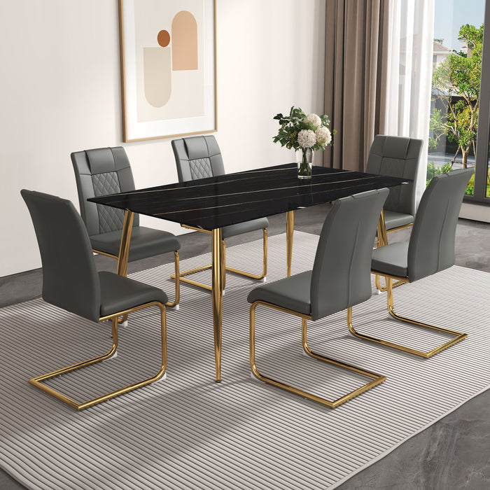 1 Table And 6 Chairs Set, Rectangular Dining Table With Black Imitation Marble Tabletop And Golden Metal Legs, Paired With 6 Chairs With Golden Metal Legs