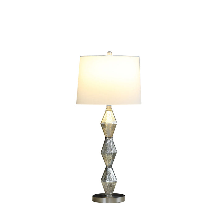 Geo Glass Table Lamp With White Shade - Brushed Silver