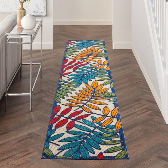 12' Runner Floral Stain Resistant Indoor / Outdoor Runner Rug - Ivory / Blue