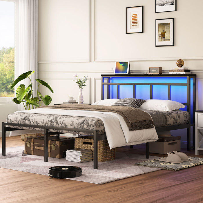 Bed Frame With Storage Headboard With USB C, Type C And LED Light Home Essentials