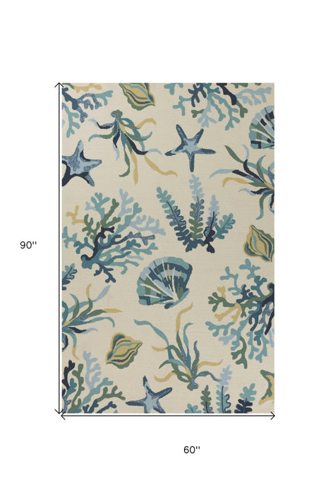 5' X 8' Hand Hooked UV Treated Coastal Reef Indoor / Outdoor Area Rug - Ivory Blue