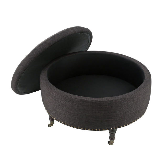 Linen Rolling Tufted Round Storage - Charcoal / Brown